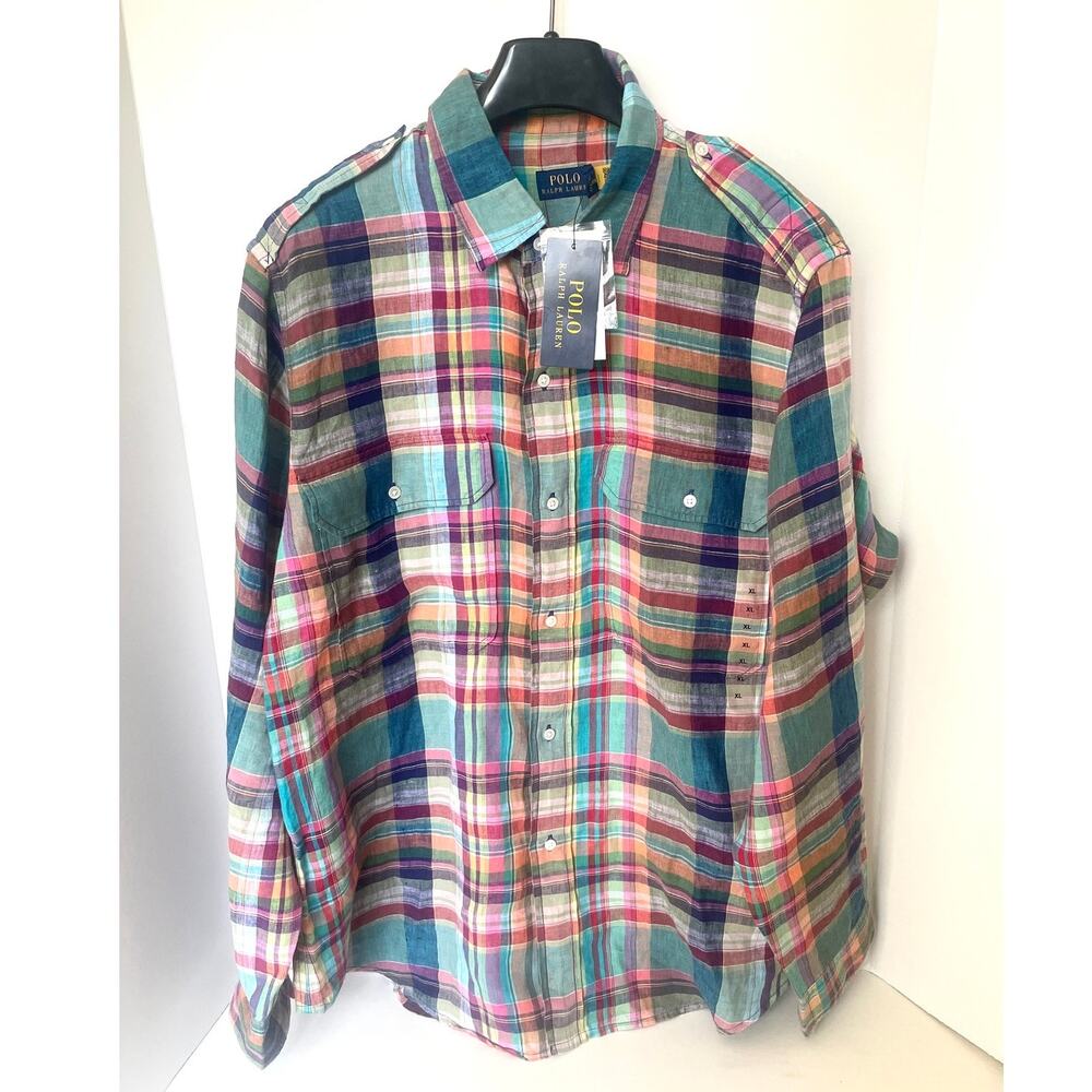 Polo Ralph Lauren Womens Blue Plaid Linen Button-Up Shirt Long Sleeve XL - Picture 4 of 10